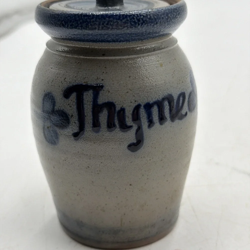 1991 Vintage Rowe Pottery Stoneware Spice Herb Jar Thyme Gray Dark Blue Cobalt